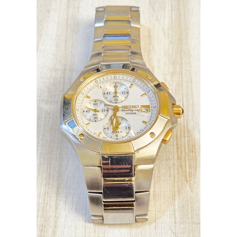 Seiko Chronograph Alarm 7T62-0DP0 Men’s Vintage Dress Sports Watch New Battery